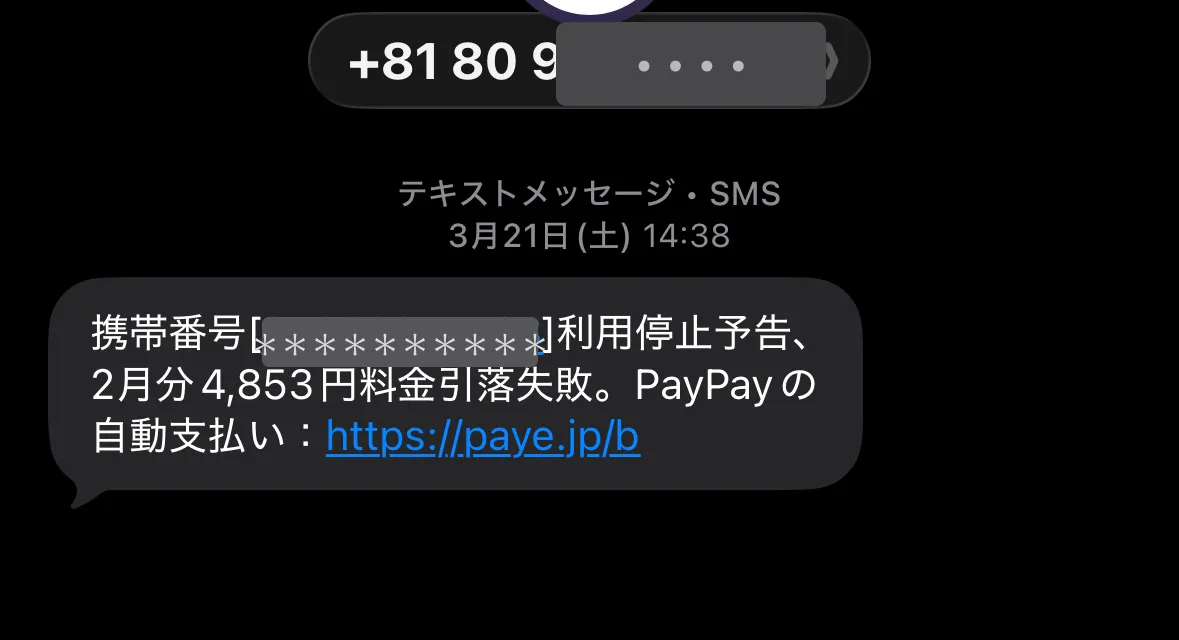 SMS。送信元は個人の携帯電話番号の形式で下4桁はマスキング。本文は「携帯番号[マスキング]利用停止予告、2月分 4,853円料金引落失敗。PayPay の自動支払い： https://paye.jp/b」。